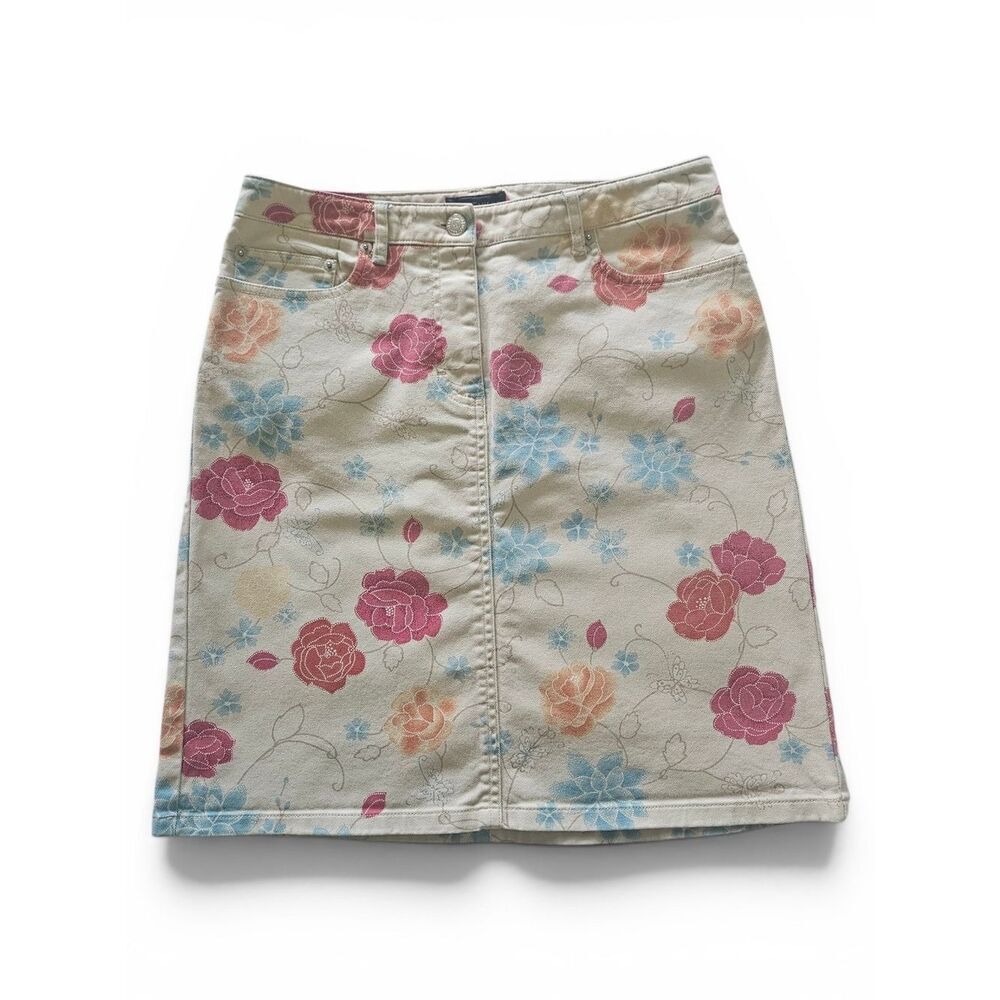 Ann Taylor Floral Print Mini Skirt Size 4 Cream Pink Blue A-Line Like New